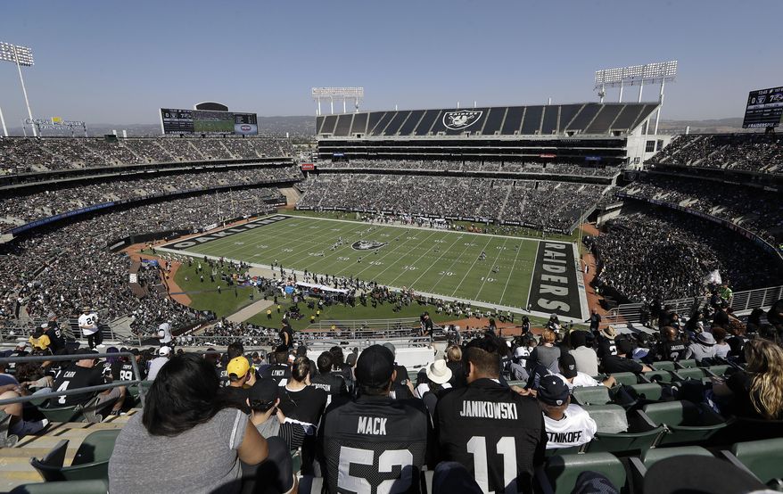 FILE - In this Oct. 8, 2017, file photo, fans watch during the first half of an NFL football game between the Oakland Raiders and the Baltimore Ravens at Oakland Alameda County Coliseum in Oakland, Calif. A lease agreement to keep the Raiders in Oakland for at least one more season will be voted on this week. The Coliseum Authority has scheduled a vote for Friday, March 15, 2019, on a lease with the Raiders for 2019 with an option for 2020. (AP Photo/Marcio Jose Sanchez, File)
