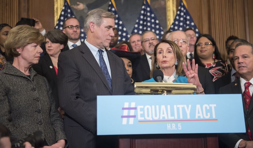IMAGE DISTRIBUTED FOR HUMAN RIGHTS CAMPAIGN - Speaker Nancy Pelosi, D-Calif., speaks during the Equality Act Re-Introduction news conference in the Capitol on Wednesday, March 13, 2019 in Washington. (Kevin Wolf/AP Images for Human Rights Campaign)