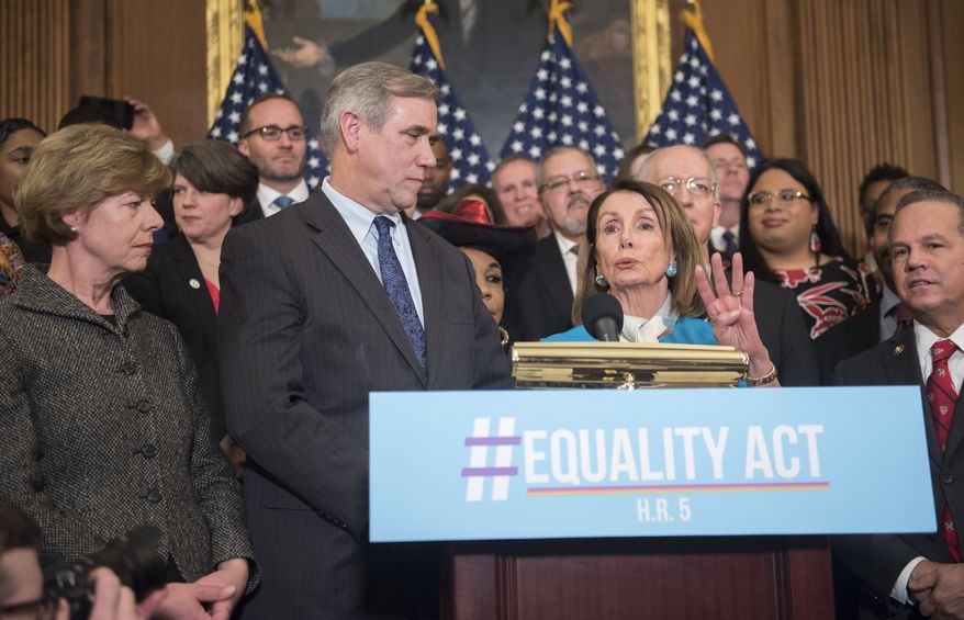 IMAGE DISTRIBUTED FOR HUMAN RIGHTS CAMPAIGN - Speaker Nancy Pelosi, D-Calif., speaks during the Equality Act Re-Introduction news conference in the Capitol on Wednesday, March 13, 2019 in Washington. (Kevin Wolf/AP Images for Human Rights Campaign)