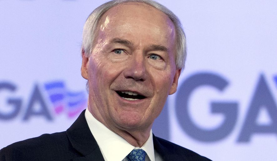 FILE - In this Feb. 25, 2018 file photo, Arkansas Gov. Asa Hutchinson speaks at the National Governor Association 2018 winter meeting in Washington. Arkansas lawmakers have sent the governor legislation banning most abortions 18 weeks into a woman's pregnancy, a prohibition that could be the strictest in the country. The House on Wednesday, March 13, 2019, gave final approval by an 86-1 vote to the bill, which Republican Gov. Asa Hutchinson has said he supports. (AP Photo/Jose Luis Magana, File)