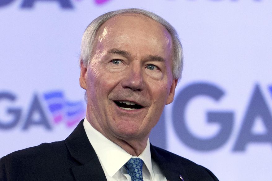 FILE - In this Feb. 25, 2018 file photo, Arkansas Gov. Asa Hutchinson speaks at the National Governor Association 2018 winter meeting in Washington. Arkansas lawmakers have sent the governor legislation banning most abortions 18 weeks into a woman's pregnancy, a prohibition that could be the strictest in the country. The House on Wednesday, March 13, 2019, gave final approval by an 86-1 vote to the bill, which Republican Gov. Asa Hutchinson has said he supports. (AP Photo/Jose Luis Magana, File)