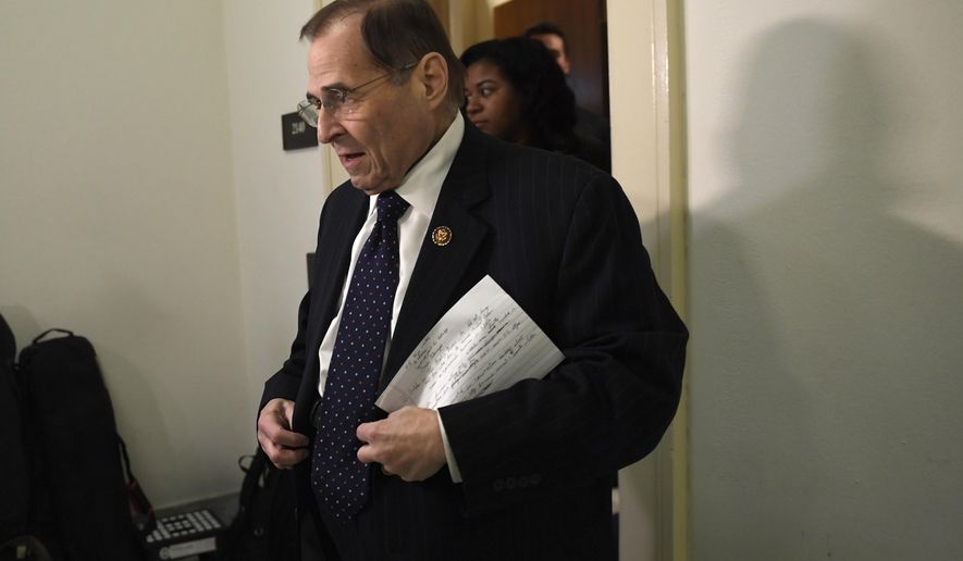 House Judiciary Committee Chairman Rep. Jerrold Nadler, D-N.Y., comes out to talks with reporters following his meeting with former Acting Attorney General Matthew Whitaker on Capitol Hill in Washington, Wednesday, March 13, 2019. (AP Photo/Susan Walsh)