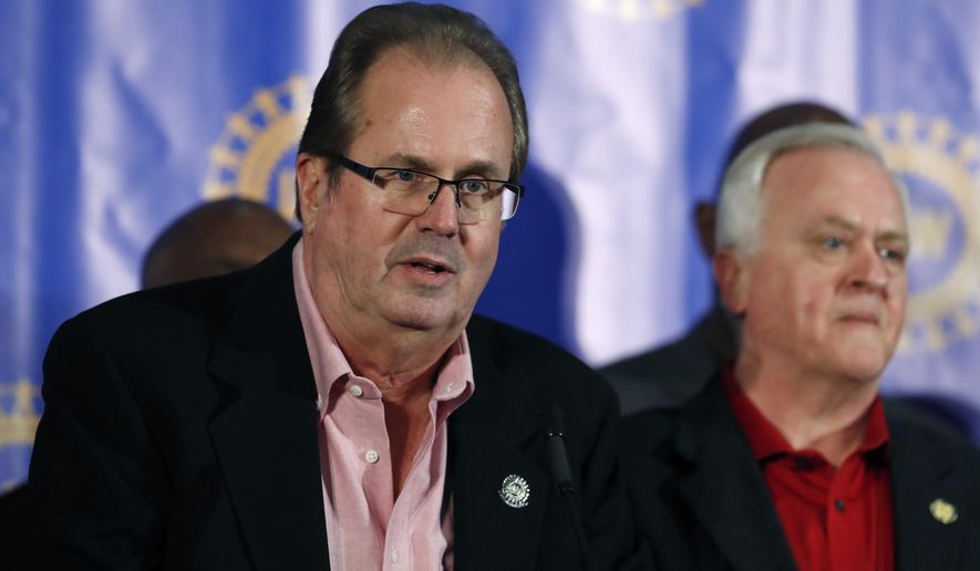 Gary Jones, president of the United Auto Workers union addresses the media after the union's bargaining convention in Detroit, Wednesday, March 13, 2019. Jones earlier said he is "deeply saddened and irritated" by a corruption scandal in which union officials are accused of accepting bribes from Fiat Chrysler executives. According to Jones, the union is "engaged in comprehensive reforms to make sure that this behavior never happens again." (AP Photo/Carlos Osorio)