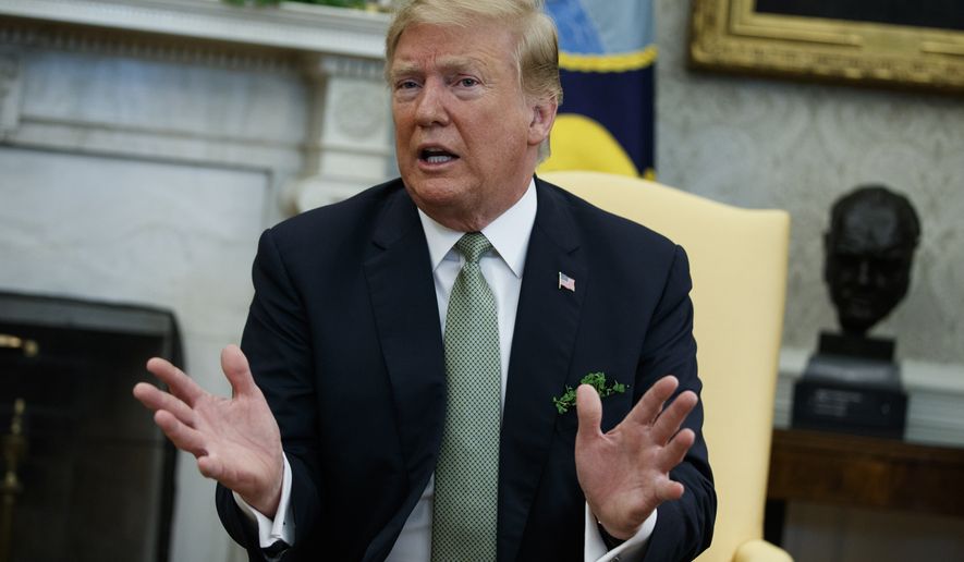 President Donald Trump speaks during a meeting with Irish Prime Minister Leo Varadkar in the Oval Office of the White House, Thursday, March 14, 2019, in Washington. (AP Photo/ Evan Vucci)