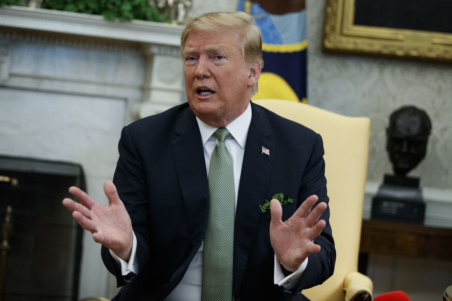 President Donald Trump speaks during a meeting with Irish Prime Minister Leo Varadkar in the Oval Office of the White House, Thursday, March 14, 2019, in Washington. (AP Photo/ Evan Vucci)