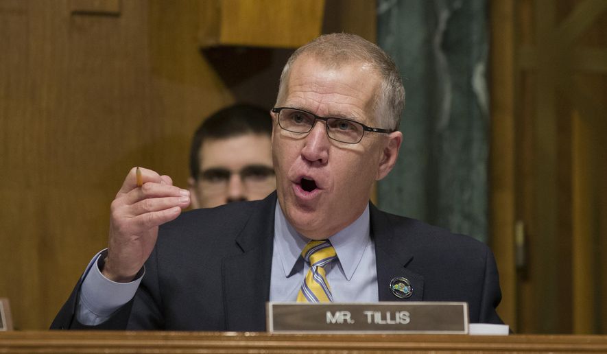 In this March 6, 2019, file photo, Sen. Thom Tillis, R-N.C., questions U.S. Customs and Border Protection Commissioner Kevin McAleenan (not shown) during a hearing of the Senate Judiciary Committee. (AP Photo/Alex Brandon) ** FILE **