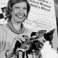 FILE - This April 6, 1978, file photo shows Janet Guthrie posing with a toy race car at a news conference in New York. Guthrie, the first woman to qualify and compete in both the Daytona 500 and the Indianapolis 500, was dropped from the list of nominees for NASCAR&#39;s Landmark Award that honors contribution to the sport. (AP Photo/Marty Lederhandler, File)