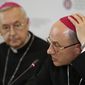 Archbishop Wojciech Polak, right, the Roman Catholic primate of Poland, addresses the media during a news conference at the episcopate building in Warsaw, Poland, Thursday, March 14, 2019. Poland&#39;s Catholic Church leaders revealed Thursday they have recorded cases of 382 priests abusing minors since 1990. At left is Archbishop Henryk Gadecki, the head of Poland&#39;s Roman Catholic Episcopate. (AP Photo/Czarek Sokolowski)