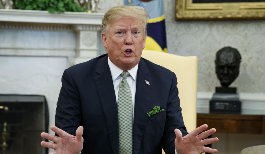 President Donald Trump speaks during a meeting with Irish Prime Minister Leo Varadkar in the Oval Office of the White House, Thursday, March 14, 2019, in Washington. (AP Photo/ Evan Vucci)