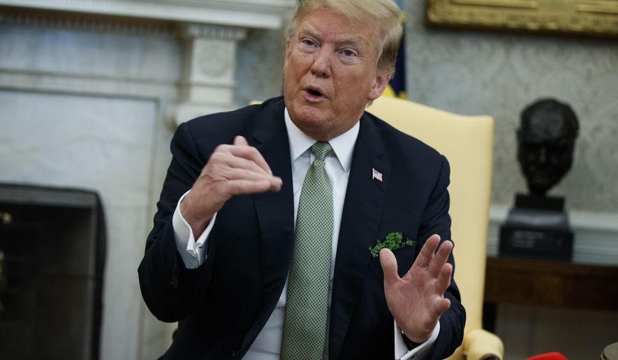 President Donald Trump speaks during a meeting with Irish Prime Minister Leo Varadkar in the Oval Office of the White House, Thursday, March 14, 2019, in Washington. (AP Photo/ Evan Vucci)