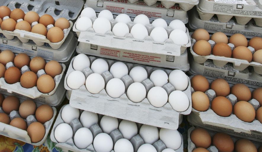 FILE - In this file photo, cartons of eggs are displayed for sale in the Union Square green market in New York. (AP Photo/Mark Lennihan)