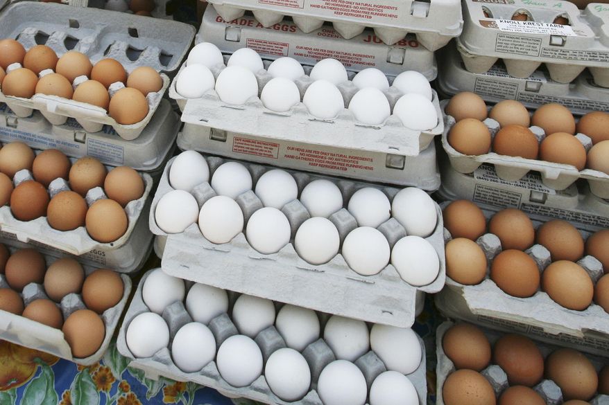 FILE - In this file photo, cartons of eggs are displayed for sale in the Union Square green market in New York. (AP Photo/Mark Lennihan)