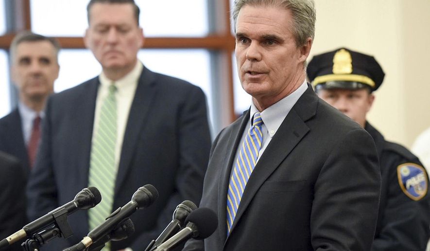 Worcester District Attorney Joseph D. Early Jr. announces an arrest in the death of Firefighter Christopher Roy during a news conference in Worcester Superior Court Friday March 15, 2019. (Ashley Green/Worcester Telegram & Gazette via AP)