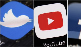 This combination of images shows logos for companies from left, Twitter, YouTube and Facebook are shown in this file photo. (AP Photos/File) 