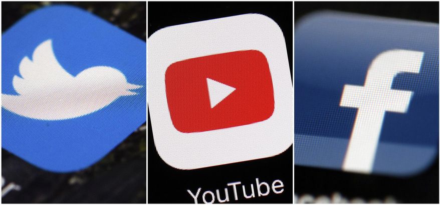 This combination of images shows logos for companies from left, Twitter, YouTube and Facebook are shown in this file photo. (AP Photos/File) 