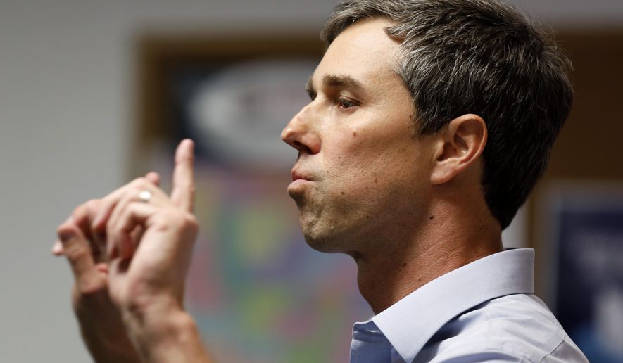IN this March 14, 2019, photo, Beto O'Rourke speaks at the International Brotherhood of Electrical Workers Local 13 hall in Burlington, Iowa. (AP Photo/Charlie Neibergall)