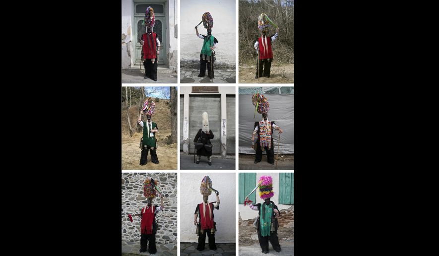 In this Monday March 11, 2019 photo combination, men wearing masks that include a meter- tall, ribbon-covered formation topped with a foxtail pose for photos in the village of Sochos, northern Greece, as they participate in a Clean Monday festival. Springtime in northern Greece is ushered with loud and colorful festivals, many hailing from centuries-old traditions, later tied to the religious calendar. In villages across the region, there are drums, ear-piercing pipe music, customs passed on from grandparents, and the centerpiece of many of the region’s celebrations: Masks. (AP Photo/Petros Giannakouris)