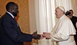 Pope Francis meets South Sudan President Salva Kiir Mayardit during a private audience at the Vatican, Saturday, March 16, 2019. (AP Photo/Alessandra Tarantino, Pool)