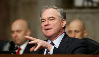 Senate Armed Services Committee member Sen. Tim Kaine, D-Va., speaks during a Senate Armed Services Committee hearing on &quot;Nuclear Policy and Posture&quot; on Capitol Hill in Washington, Thursday, Feb. 29, 2019. (AP Photo/Carolyn Kaster) **FILE**