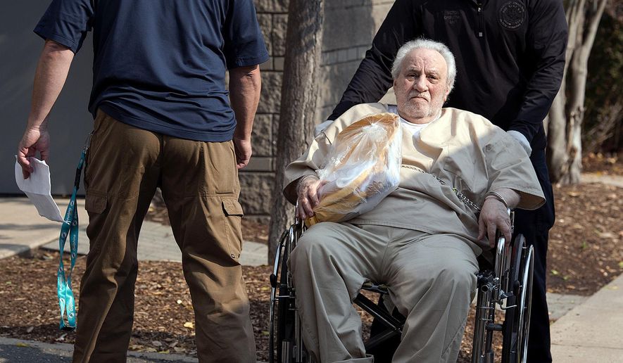 FILE - In this Sept. 5, 2017 file photo, Robert Gentile is wheeled into the federal courthouse in Hartford, Conn. The reputed Connecticut mobster, who authorities believe is the last surviving person of interest in the largest art heist in history, was released from prison Friday, March 15, 2018, in an unrelated weapons case. Federal prosecutors have said they think Gentile has information about the still-unsolved 1990 $500 million heist at the Isabella Stewart Gardner Museum in Boston. (Patrick Raycraft/Hartford Courant via AP, File)