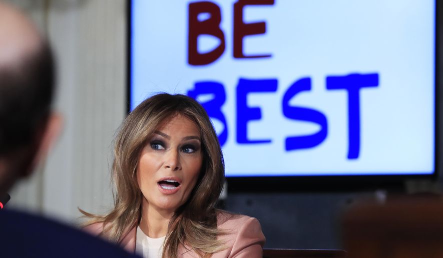 First lady Melania Trump, speaks during a meeting of the Interagency Working Group on Youth Programs in the State Dining Room of the White House in Washington, Monday, March 18, 2019. The goal is to build upon and improve youth programs that align with her "Be Best" initiative, which focuses on the well-being of children, their safety online and avoiding drugs. (AP Photo/Manuel Balce Ceneta)