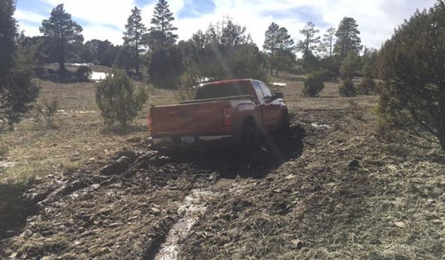 This March 2019 photo provided by the Coconino County Sheriff's Office shows a vehicle belonging to Ryan Long near Happy Jack, Ariz. Long, 38, who likely died from exposure while stranded in Arizona might have survived if he had not rejected rescue efforts because he was afraid of being arrested, authorities said Tuesday, March 19, 2019. (Coconino County Sheriff's Office via AP)