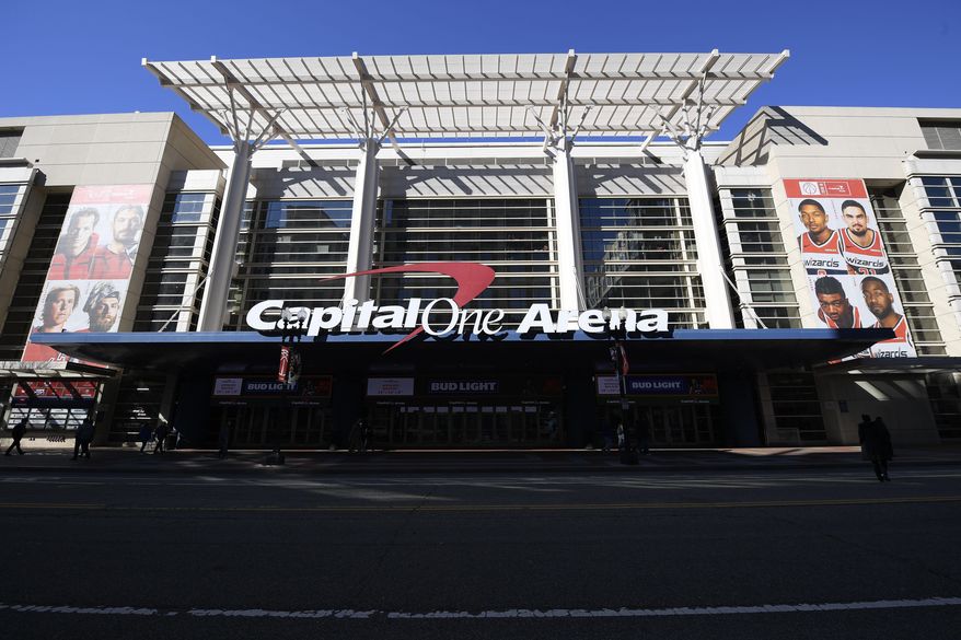 The exterior view of Capital One Arena is seen, Saturday, March 16, 2019, in Washington.  (AP Photo/Nick Wass) ** FILE **