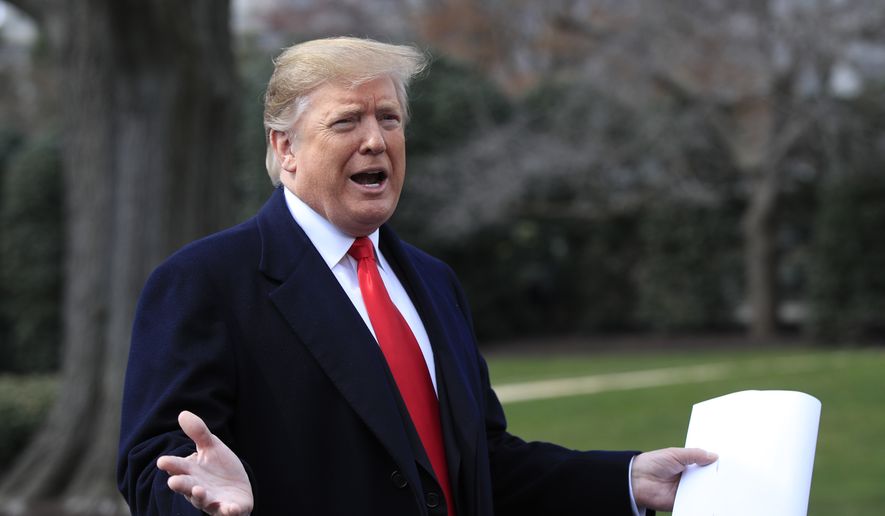 President Donald Trump speaks to reporters before departing the White House, Wednesday, March 20, 2019, in Washington, for a trip to visit an Army tank plant in Lima, Ohio, and a fundraising event in Canton, Ohio. (AP Photo/Manuel Balce Ceneta)