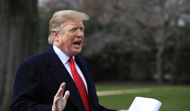 President Donald Trump speaks to reporters before leaving the White House in Washington, Wednesday, March 20, 2019, for a trip to visit a Army tank plant in Lima, Ohio, and a fundraising event in Canton, Ohio. (AP Photo/Manuel Balce Ceneta)