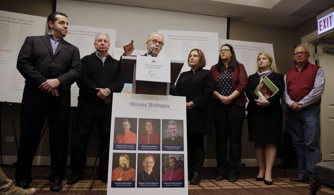 Attorney Jeff Anderson speaks as attorney Marc Pearlman, left, and clergy abuse victims listen during a news conference, Wednesday, March 20, 2019, in Chicago. Advocates for clergy abuse victims say their list of 395 priests or lay people in Illinois who have been publicly accused of sexually abusing children is far more extensive than the names already released by the state&#x27;s six dioceses. (AP Photo/Kiichiro Sato)