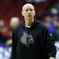 Louisville head coach Chris Mack watches his team during practice at the NCAA men&#x27;s college basketball tournament, Wednesday, March 20, 2019, in Des Moines, Iowa. Louisville plays Minnesota on Thursday. (AP Photo/Charlie Neibergall)