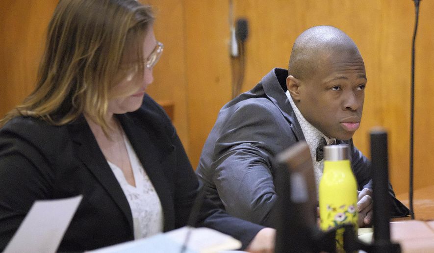 Chanel Lewis appears in court during his retrial in New York, Wednesday, March 20, 2019. Lewis is accused of killing a woman who was attacked while running near her family's New York City home. (Curtis Means/The Daily Mail via AP, Pool)