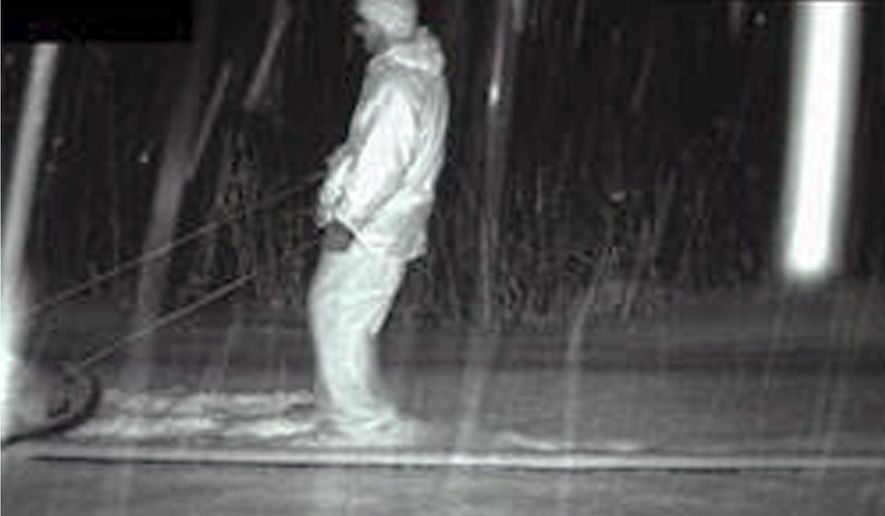 This January 2016 surveillance photo released by the U.S. Border Patrol shows Cedrik Bourgault-Morin, of Quebec, Canada, pulling a sled of of counterfeit Xanax pills worth about $1.6 million across the border before he was apprehended by Border Patrol agents in North Troy, Vt. Yazid Al Fayyad Finn, of North Carolina, is scheduled to be sentenced Wednesday, March 20, 2019, in Rutland, Vt. after pleading guilty in 2018 to charges related to his attempt to steal the smuggled pills. Bourgault-Morin served almost a year in prison. (U.S. Border Patrol via AP)