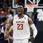 Maryland &#39;s Bruno Fernando (23) celebrates during the final moments of the second half of a first round men&#39;s college basketball game against Belmont in the NCAA Tournament in Jacksonville, Fla., Thursday, March 21, 2019. (AP Photo/John Raoux)