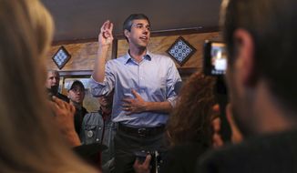 Former Texas congressman Beto O&#39;Rourke addresses a gathering during a campaign stop at a restaurant in Manchester, N.H., Thursday, March 21, 2019. O&#39;Rourke announced last week that he&#39;ll seek the 2020 Democratic presidential nomination. (AP Photo/Charles Krupa)