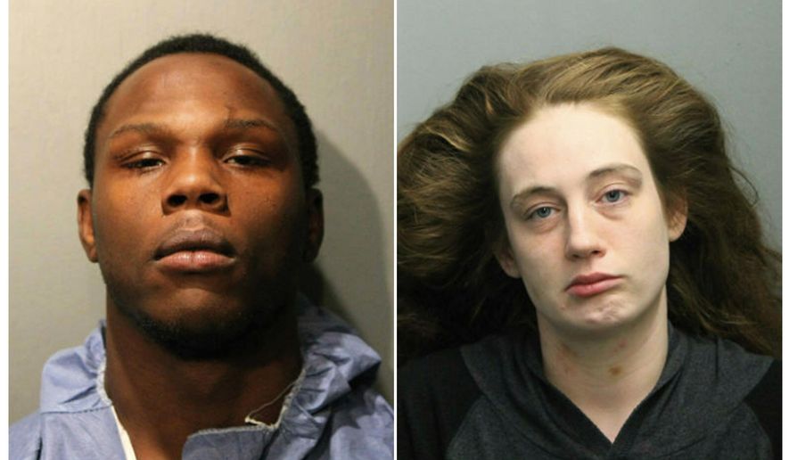 This combination of March 2019 booking photos provided by the Chicago Police Department shows, Dejon Waters, left, and Brittany Hyc. The pair were charged in the child abuse death of Hyc's 2-year-old son, who had sores and bruises on his body. Police announced Thursday, March 21 that Waters, who was babysitting, is charged with first-degree murder while Hyc is charged with felony child endangerment for leaving the boy with Waters. They're due in court Thursday. (Chicago Police Department via AP)