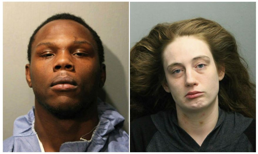 This combination of March 2019 booking photos provided by the Chicago Police Department shows, Dejon Waters, left, and Brittany Hyc. The pair were charged in the child abuse death of Hyc's 2-year-old son, who had sores and bruises on his body. Police announced Thursday, March 21 that Waters, who was babysitting, is charged with first-degree murder while Hyc is charged with felony child endangerment for leaving the boy with Waters. They're due in court Thursday. (Chicago Police Department via AP)