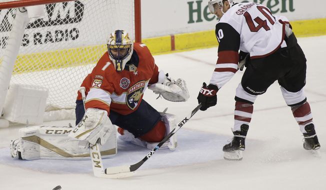 Florida Panthers goaltender Roberto Luongo (1) defends against Arizona Coyotes right wing Michael Grabner (40) during the second period of an NHL hockey game on Thursday, March 21, 2019, in Sunrise, Fla. (AP Photo/Terry Renna)