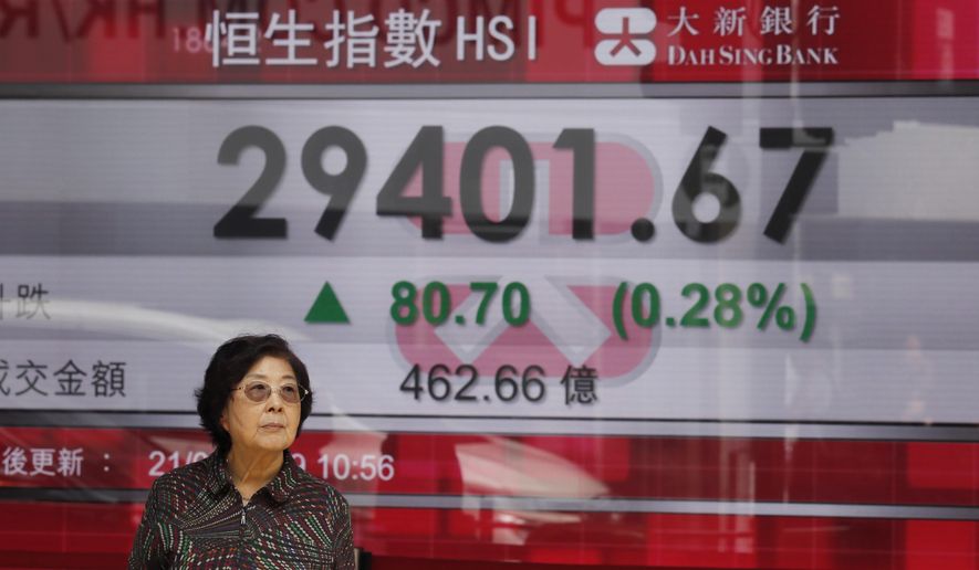 A woman stands in front of an electronic board showing Hong Kong share index outside a bank in Hong Kong, Thursday, March 21, 2019. Shares in Asia are mostly higher after the Federal Reserve said it has ruled out interest rate increases for this year. (AP Photo/Kin Cheung)