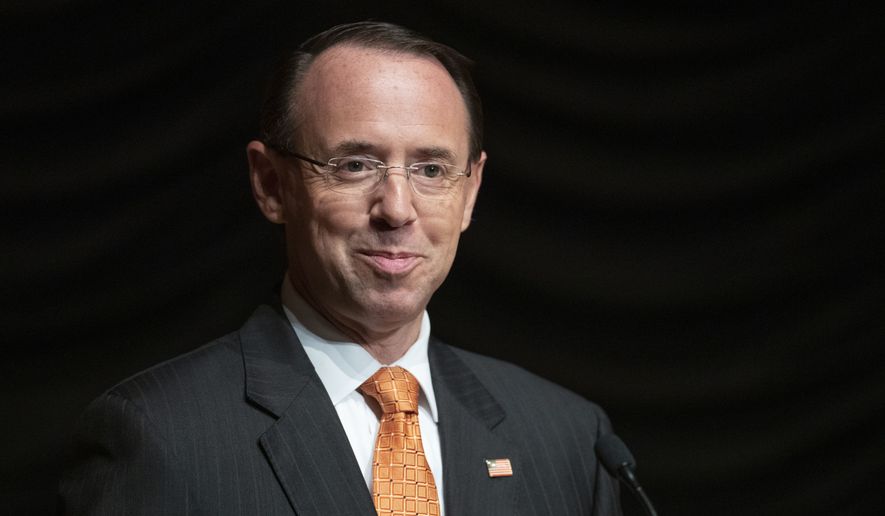 Deputy Attorney General Rod Rosenstein pauses while speaking at the federal inspector general community&#39;s 21st annual awards ceremony, in Washington. (AP Photo/Alex Brandon, File)