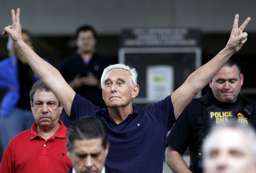 In this Jan. 25, 2019, file photo, former campaign adviser for President Donald Trump, Roger Stone walks out of the federal courthouse following a hearing in Fort Lauderdale, Fla. (AP Photo/Lynne Sladky, File)