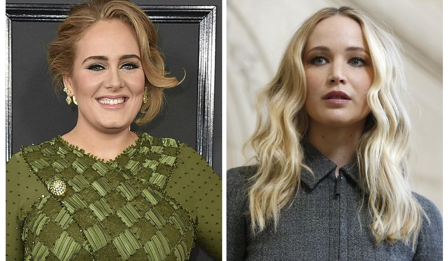 This combination photo shows singer Adele at the 59th annual Grammy Awards in Los Angeles on Feb. 12, 2017, left, and actress Jennifer Lawrence at the Dior ready to wear Fall-Winter 2019-2020 collection in Paris on Feb. 26, 2019. Patrons of the gay bar called Pieces in New York's Greenwich Village were in the right place at the right time when Adele and Lawrence showed up Friday night, March 22, 2019. They drank and danced and schmoozed, hugging shirtless men and taking selfies while the crowd applauded. (AP Photo, File)