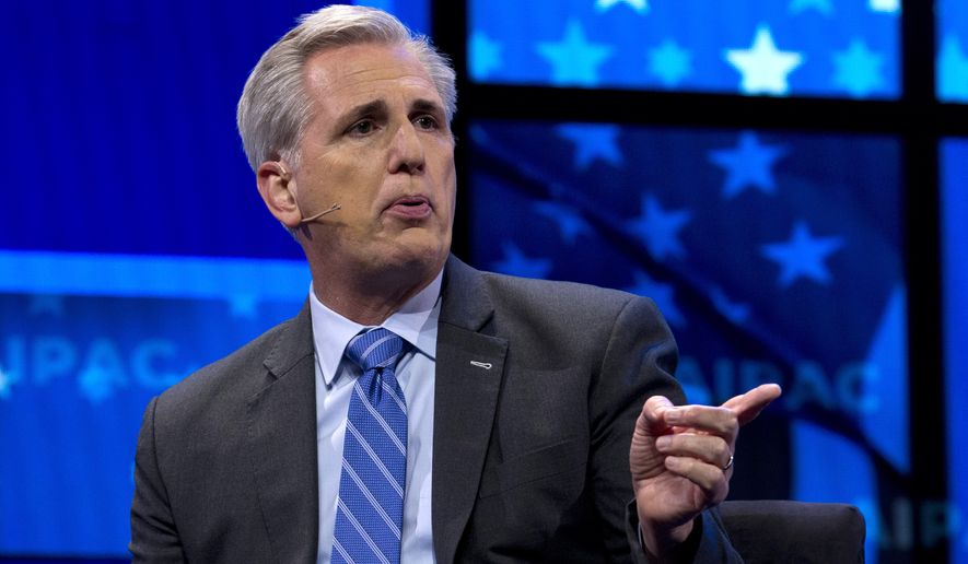 House Minority Leader Kevin McCarthy of Calif., speaks at the 2019 American Israel Public Affairs Committee (AIPAC) policy conference, at Washington Convention Center, in Washington, Monday, March 25, 2019. (AP Photo/Jose Luis Magana)