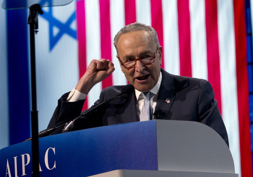 Senate Minority Leader Chuck Schumer, D-N.Y., speaks at the 2019 American Israel Public Affairs Committee (AIPAC) policy conference, at the Washington Convention Center, in Washington, Monday, March 25, 2019. (AP Photo/Jose Luis Magana)