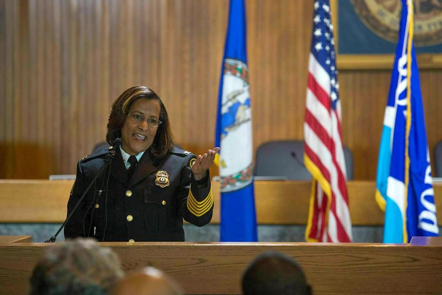 Portsmouth Police Chief Tonya Chapman makes remarks after an oath of office ceremony at the City Council Chambers in Portsmouth, Va.  (Hyunsoo Leo Kim/The Virginian-Pilot via AP) **FILE**