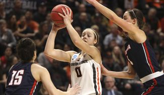 Oregon State&#39;s Mikayla Pivec (0) looks for a way through Gonzaga&#39;s Jessie Loera (15) and LeeAnne Wirth (4) during the first half of a second-round game of the NCAA women&#39;s college basketball tournament in Corvallis, Ore., Monday, March 25, 2019. (AP Photo/Amanda Loman)