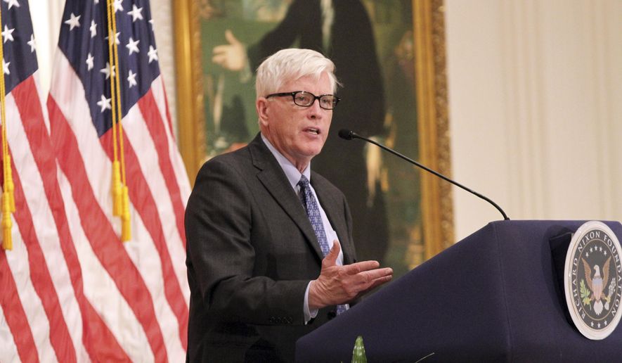 In this March 9, 2017 photo provided by the Richard Nixon Foundation, Hugh Hewitt speaks at the Nixon Library in Yorba Linda, Calif. Radio show host Hugh Hewitt has been tapped to head a foundation focused on preserving the legacy of former President Richard Nixon. The Richard Nixon Foundation said Monday, March 25, 2019 that the politically conservative author, commentator and law professor will become its next chief executive in July. The foundation says Hewitt helped start Nixon&#39;s presidential library and museum in Yorba Linda, Calif., nearly three decades ago. (Richard Nixon Foundation via AP)