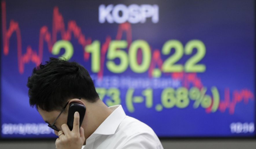 A currency trader talks on the phone near the screen showing the Korea Composite Stock Price Index (KOSPI) at the foreign exchange dealing room in Seoul, South Korea, Monday, March 25, 2019. Shares were sharply lower in Asia on Monday after Wall Street ended last week with a broad retreat. (AP Photo/Lee Jin-man)
