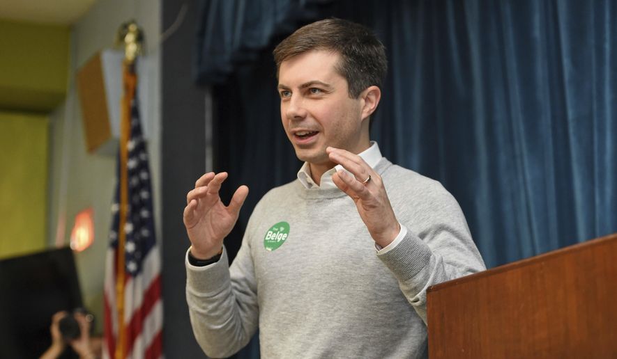 South Bend Mayor Pete Buttigieg speaks to a crowd about his presidential run during the Democratic monthly breakfast held at the Circle of Friends Community Center in Greenville, S.C., Saturday, March 23, 2019. (AP Photo/Richard Shiro)