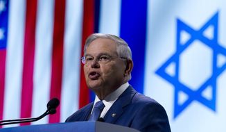 Sen. Bob Menendez, D-N.J. speaks at the 2019 American Israel Public Affairs Committee (AIPAC) policy conference, at Washington Convention Center, in Washington, Tuesday, March 26, 2019. (AP Photo/Jose Luis Magana)